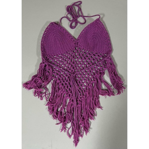 Purple Crochet Knit Tassel Halter Beach Swim Coverup Crop Top Shirt Size M 💜🏝️ - Picture 2 of 3